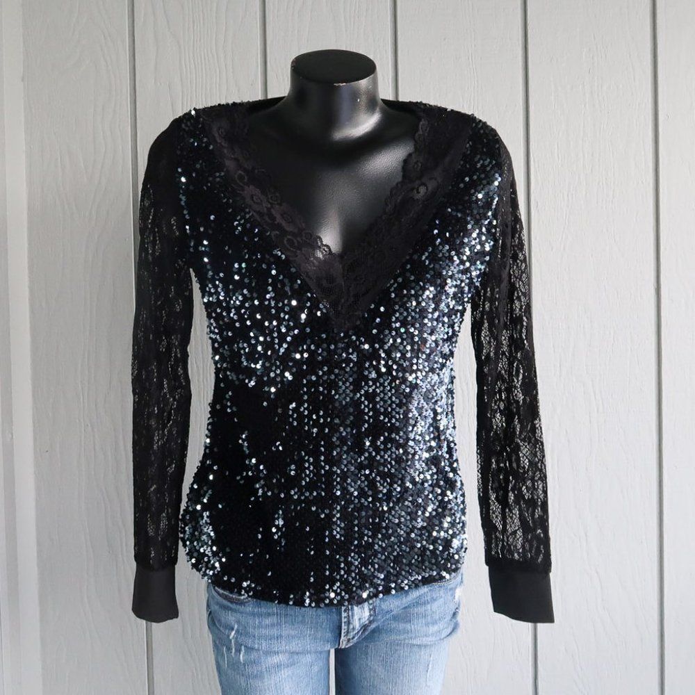 SHEILAY Sequin and Lace Long Sleeve Top